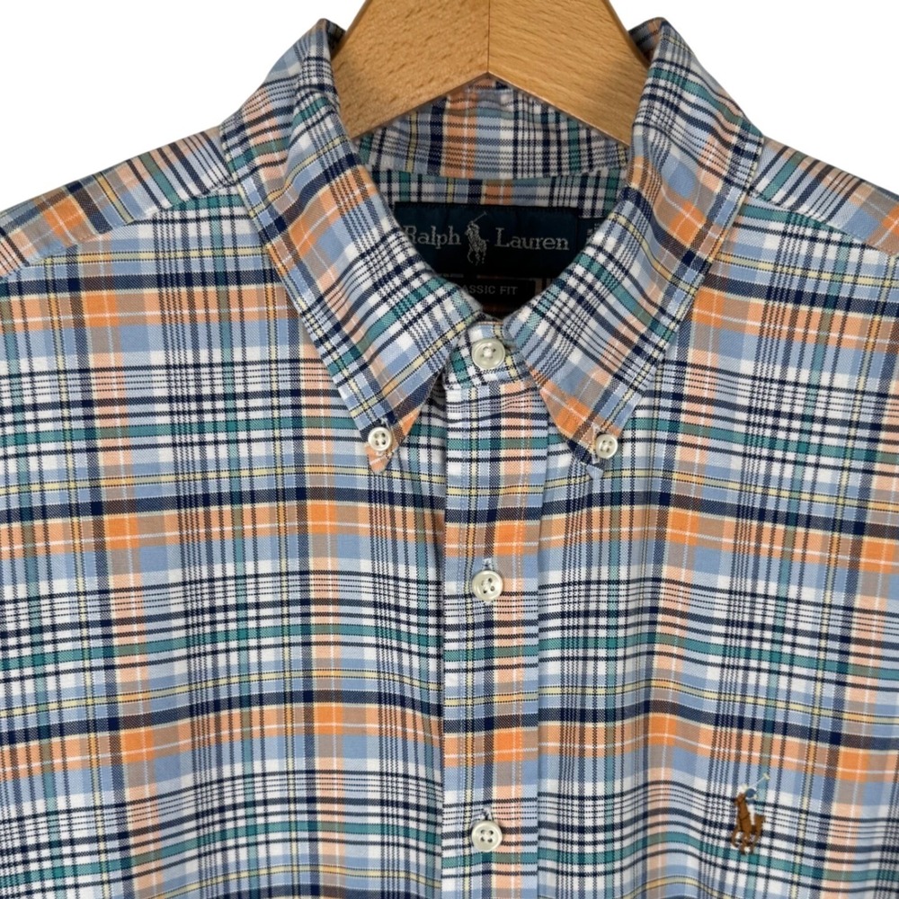 Ralph Lauren Oxford Plaid Button Down Shirt Mens L Blue Orange Classic Fit